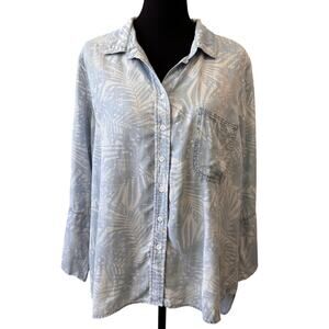 New SIDE STITCH Women's White Blue Print Button Front Shirt Size L
